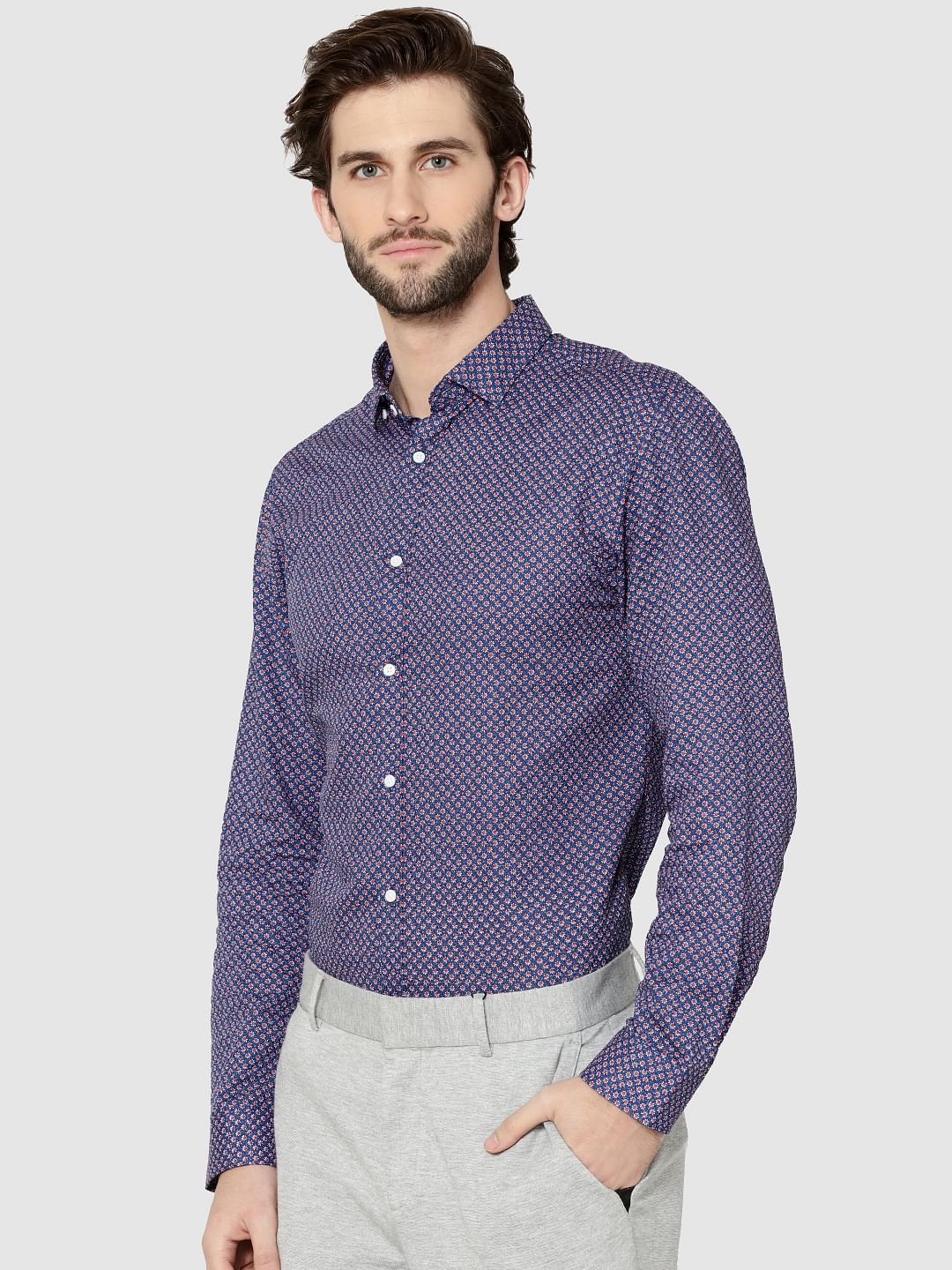 Blue All Over Print Full Sleeves Dobby Shirt - S