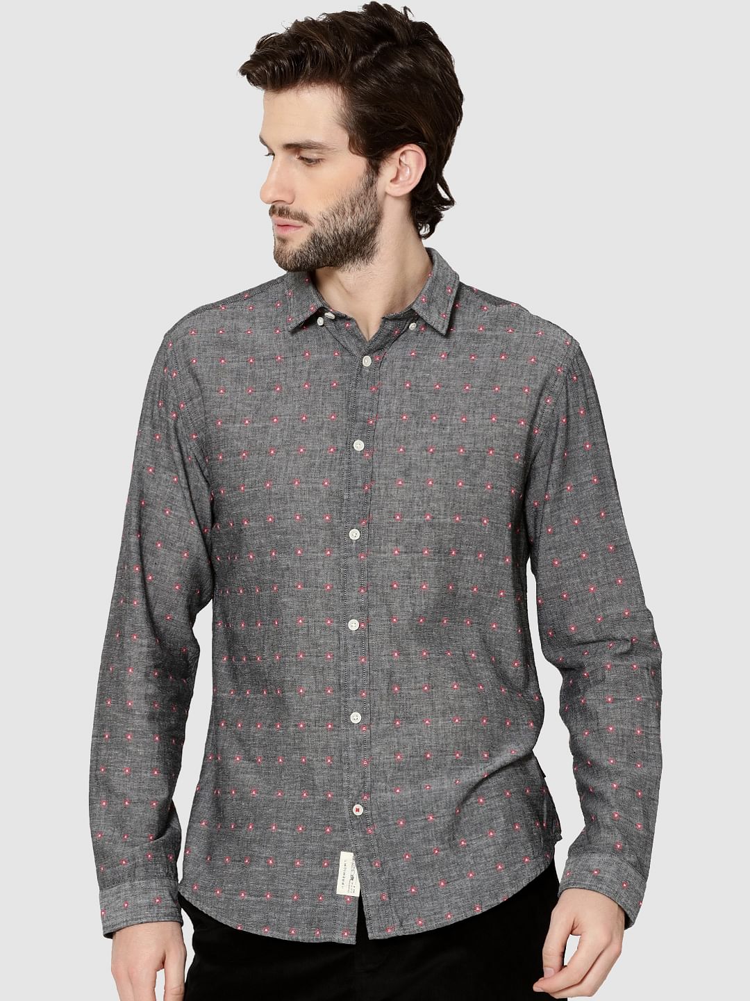 Grey All Over Printed Dobby Full Sleeves Shirt - S