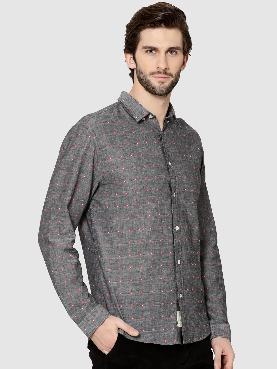 Grey All Over Printed Dobby Full Sleeves Shirt