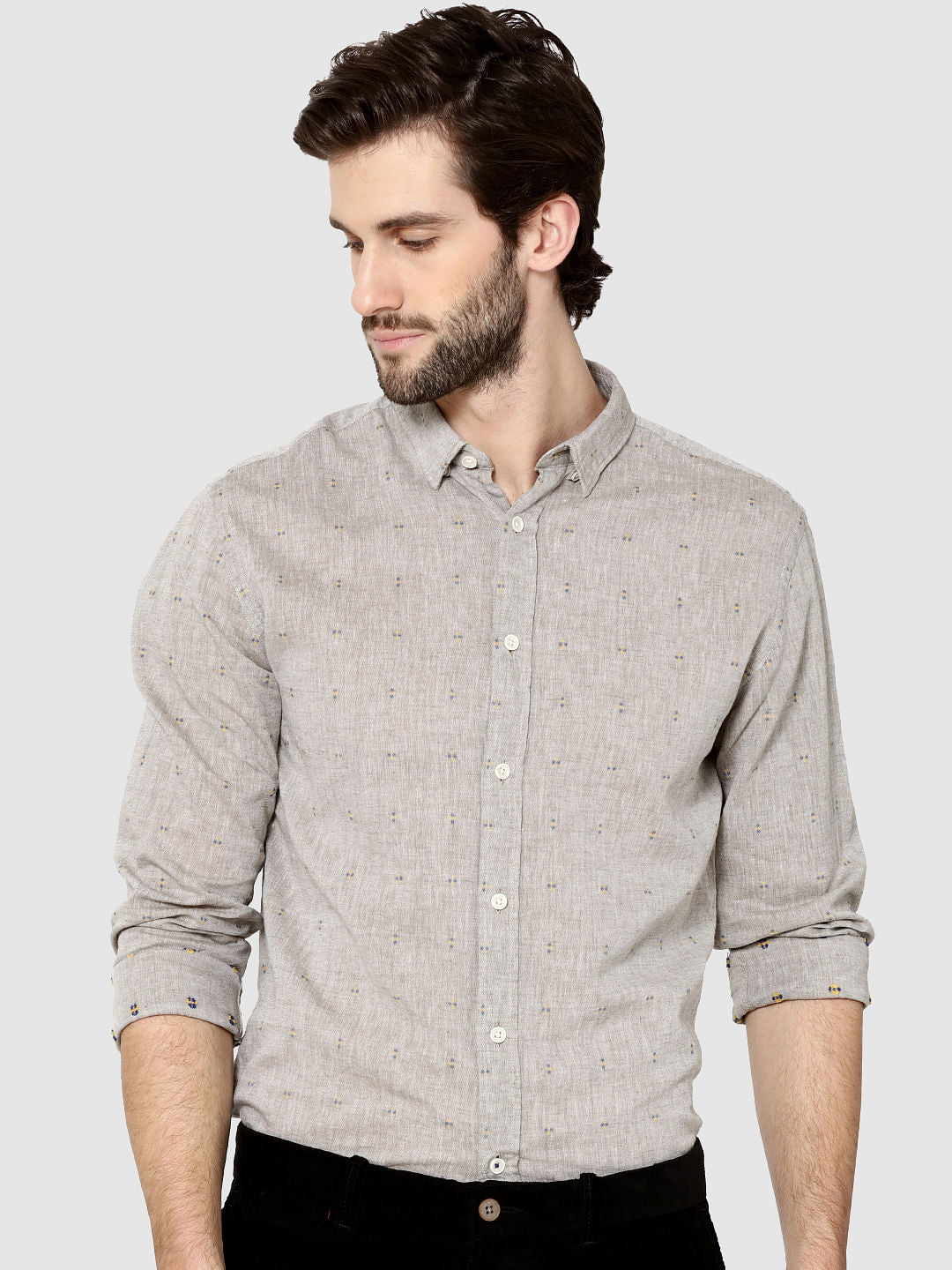 Beige All Over Printed Dobby Full Sleeves Shirt