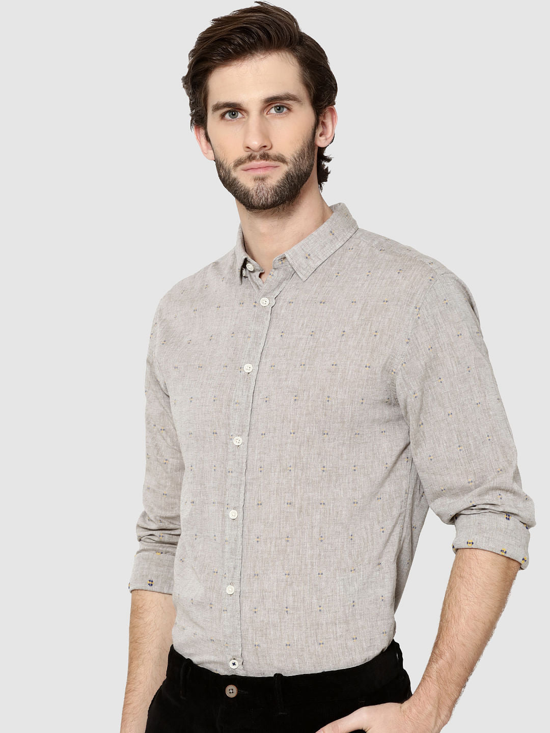 Beige All Over Printed Dobby Full Sleeves Shirt