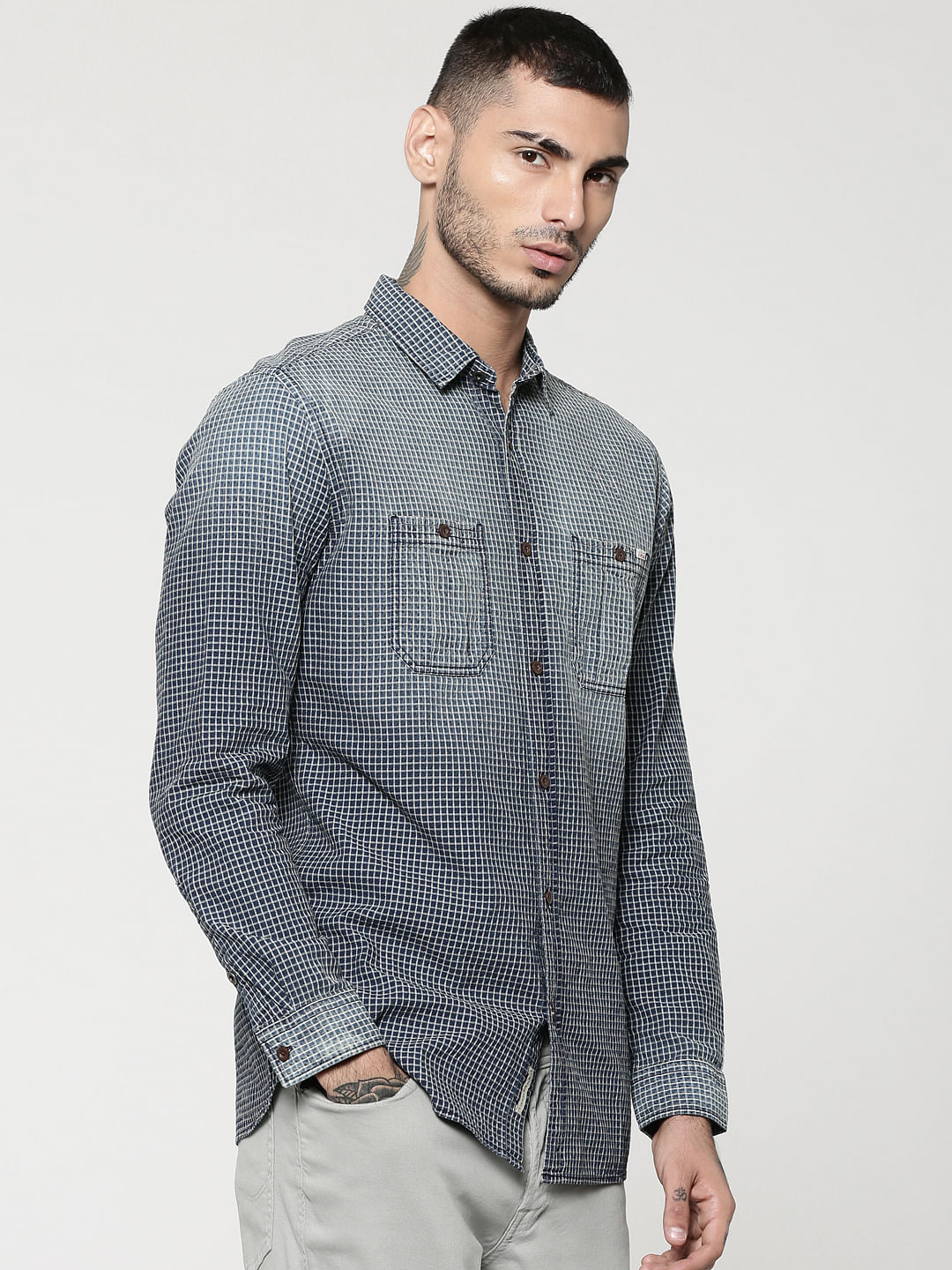 Dark Blue Full Sleeves Check Shirt