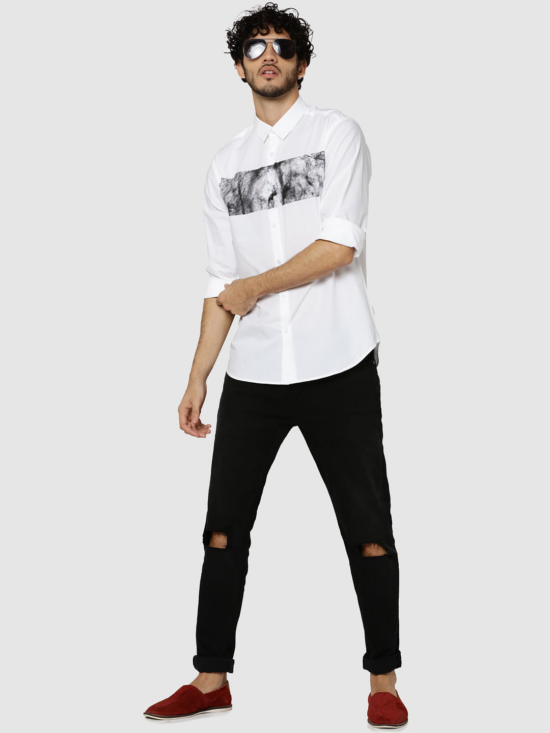 White Placement Print Full Sleeves Slim Fit Shirt