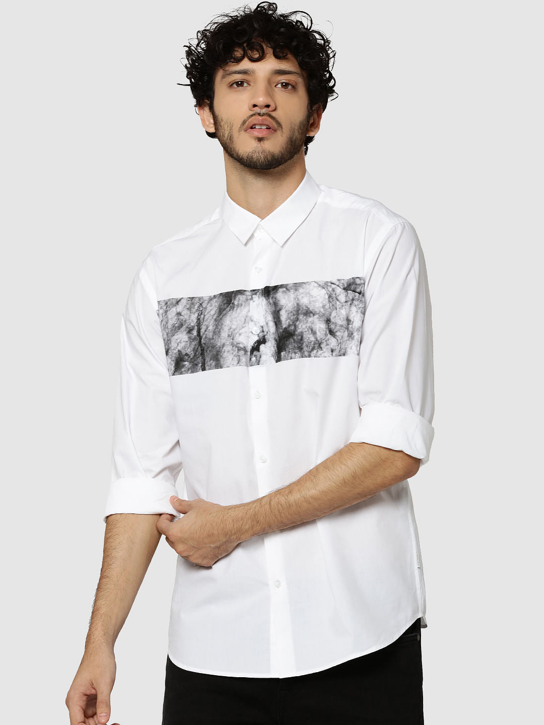 White Placement Print Full Sleeves Slim Fit Shirt - S