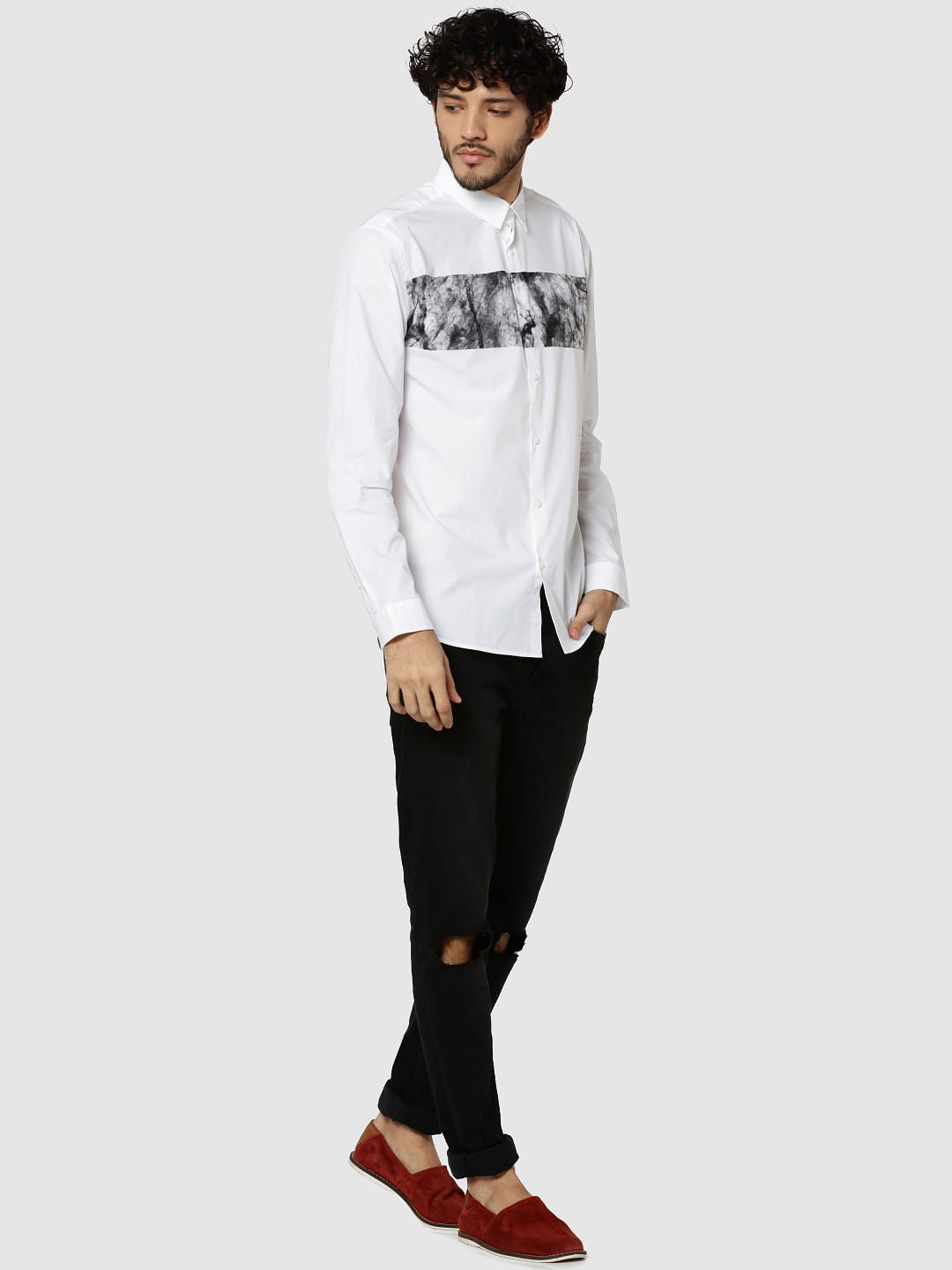 White Placement Print Full Sleeves Slim Fit Shirt