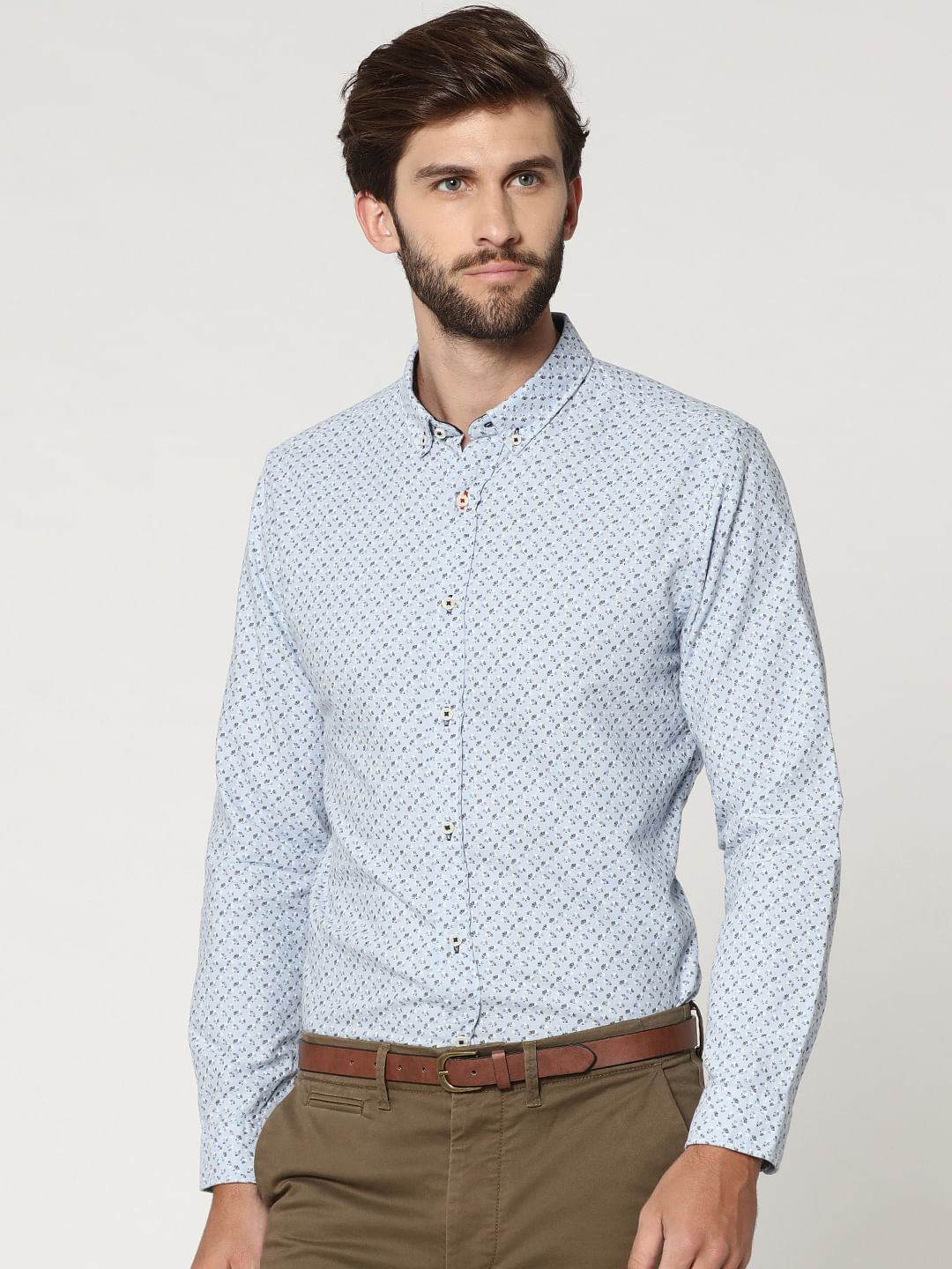 Light Blue All Over Print Elbow Patch Full Sleeves Shirt - S