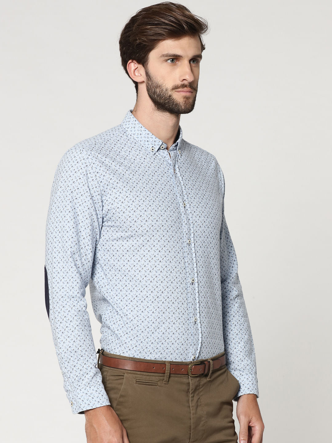 Light Blue All Over Print Elbow Patch Full Sleeves Shirt