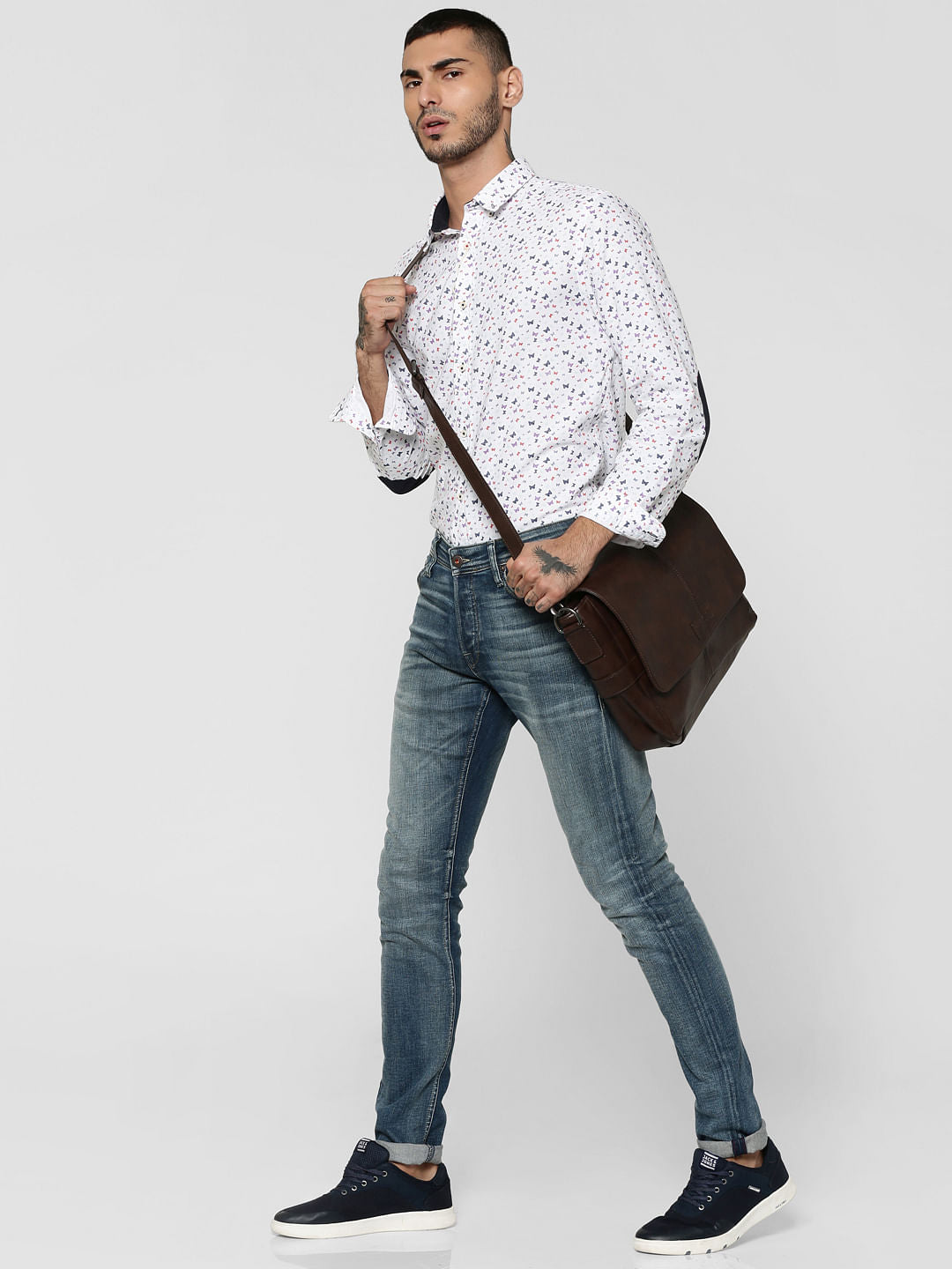 White All Over Butterfly Print Elbow Patch Slim Fit Shirt