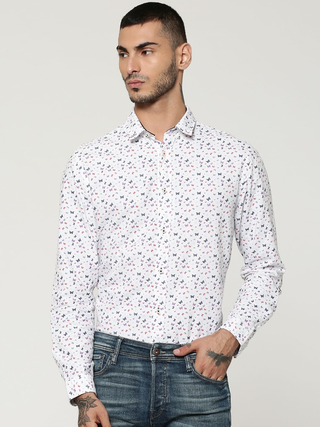 White All Over Butterfly Print Elbow Patch Slim Fit Shirt - S