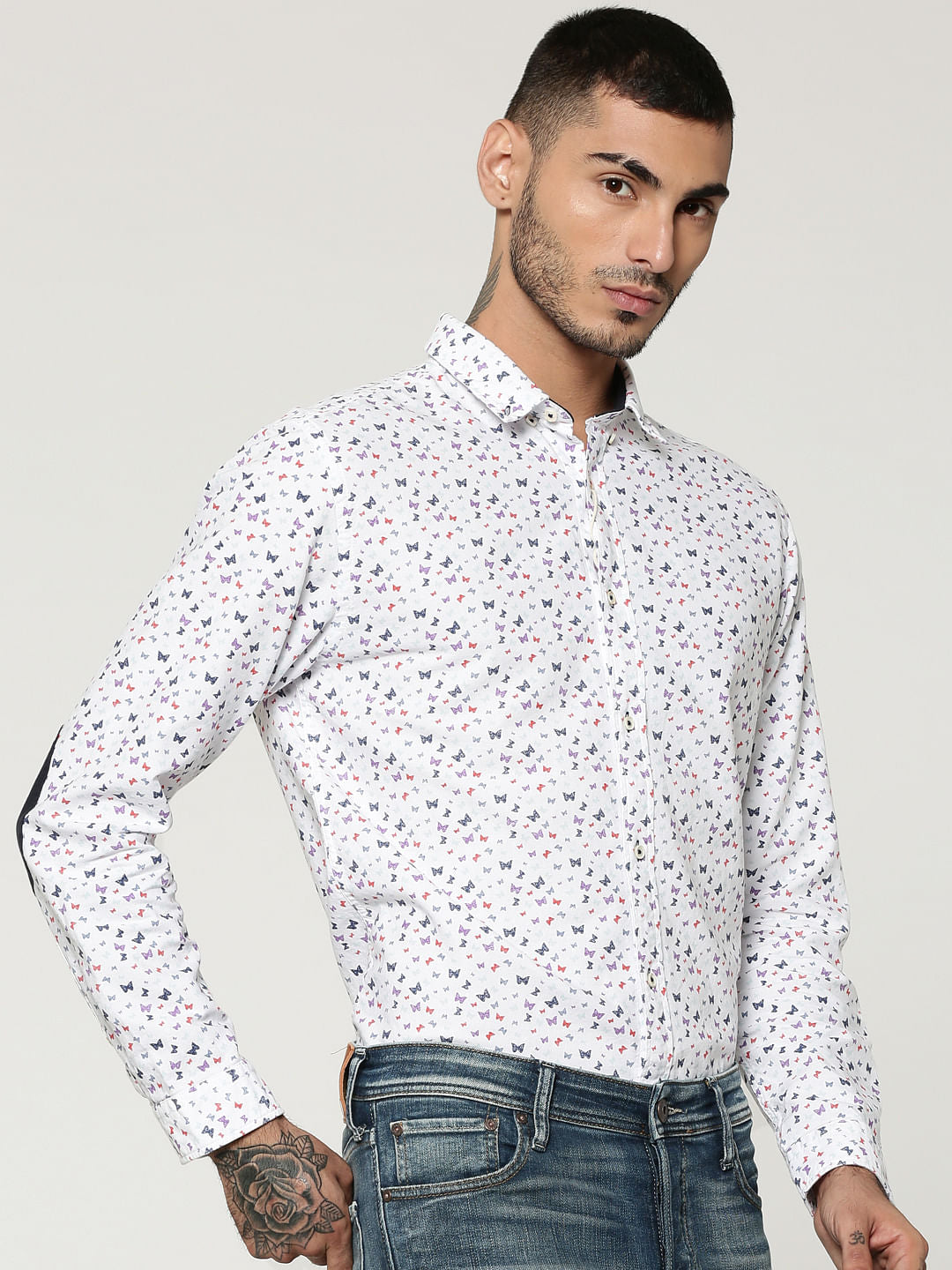 White All Over Butterfly Print Elbow Patch Slim Fit Shirt