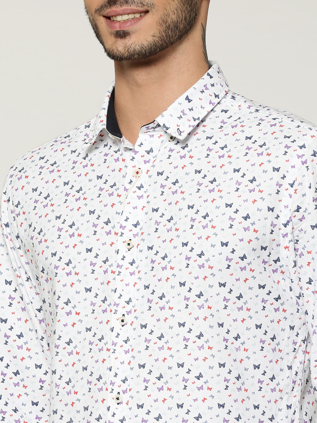 White All Over Butterfly Print Elbow Patch Slim Fit Shirt