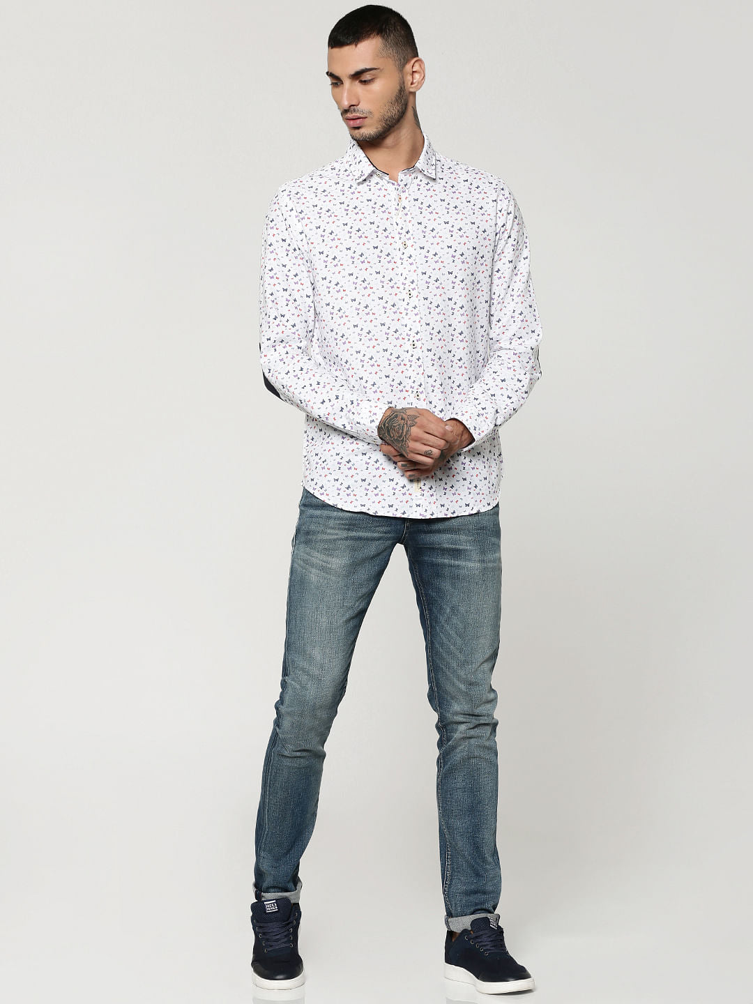 White All Over Butterfly Print Elbow Patch Slim Fit Shirt