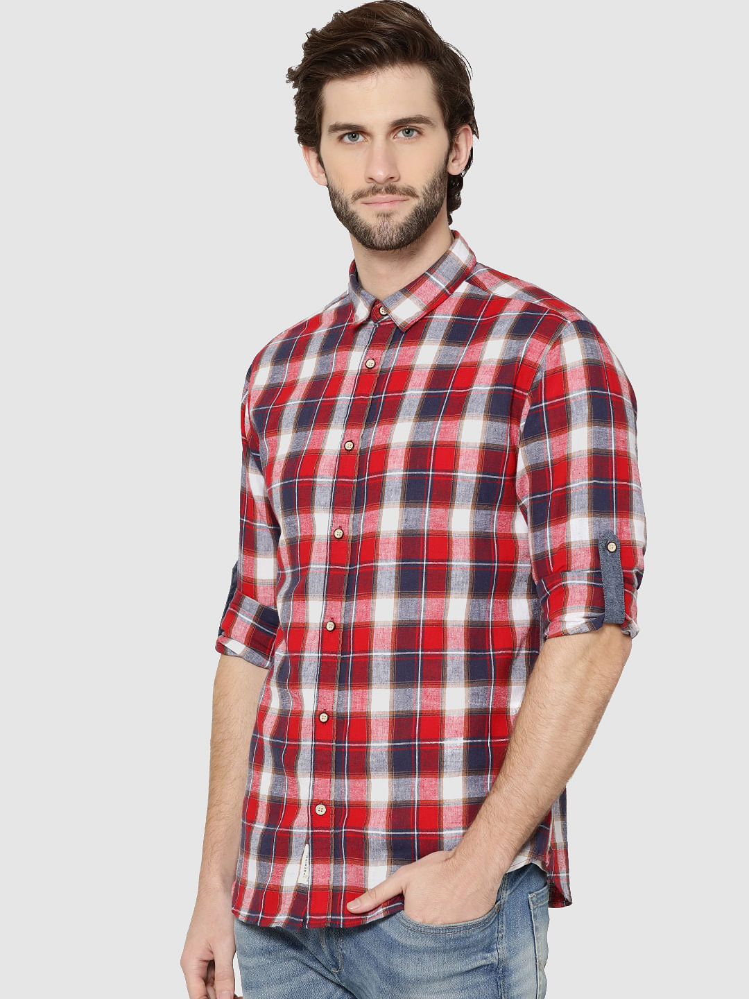Red Check Full Sleeves Slim Fit Shirt - S