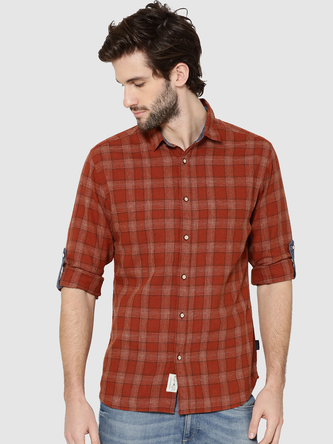 Brown Check Full Sleeves Slim Fit Shirt