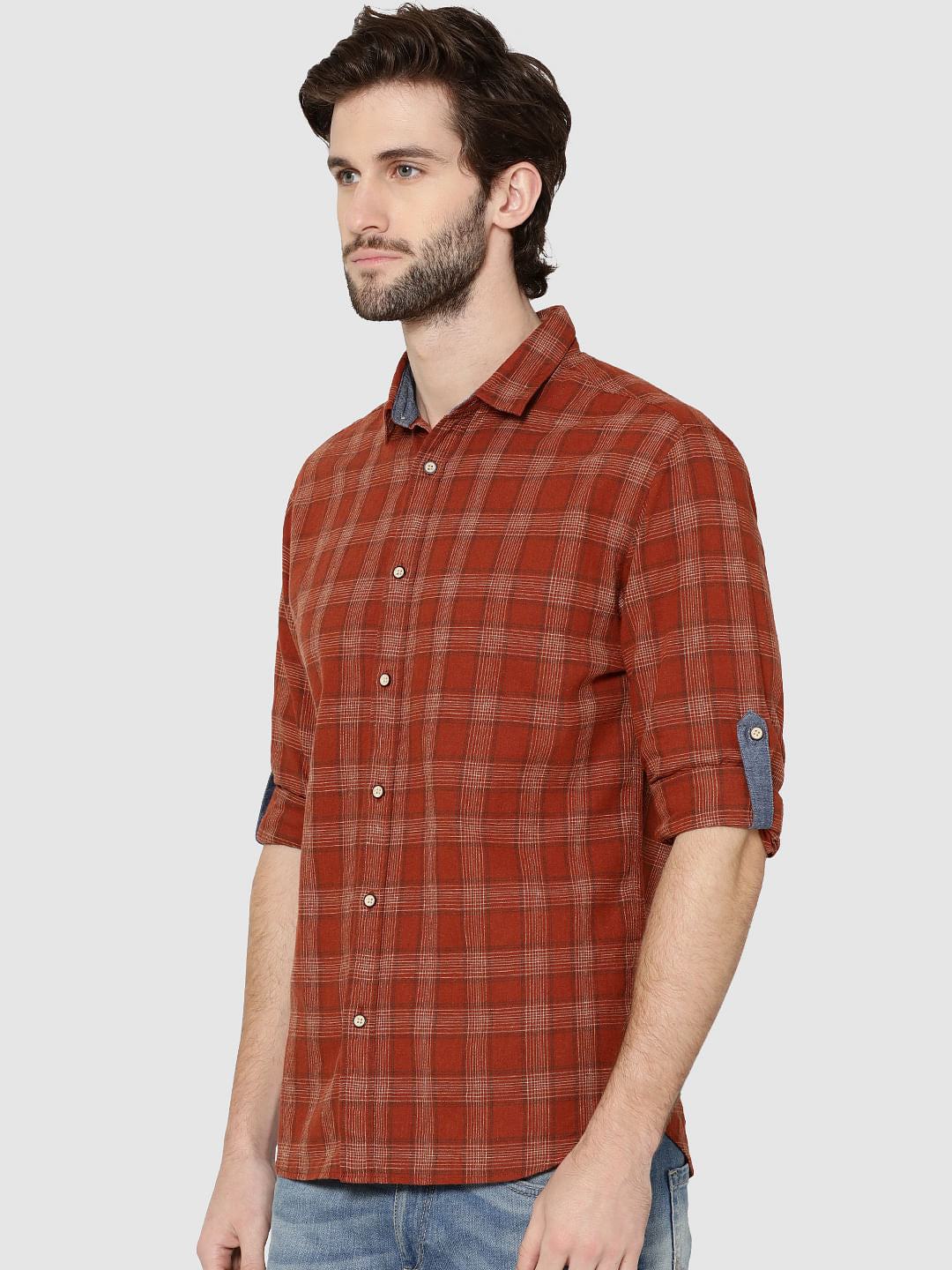 Brown Check Full Sleeves Slim Fit Shirt - S