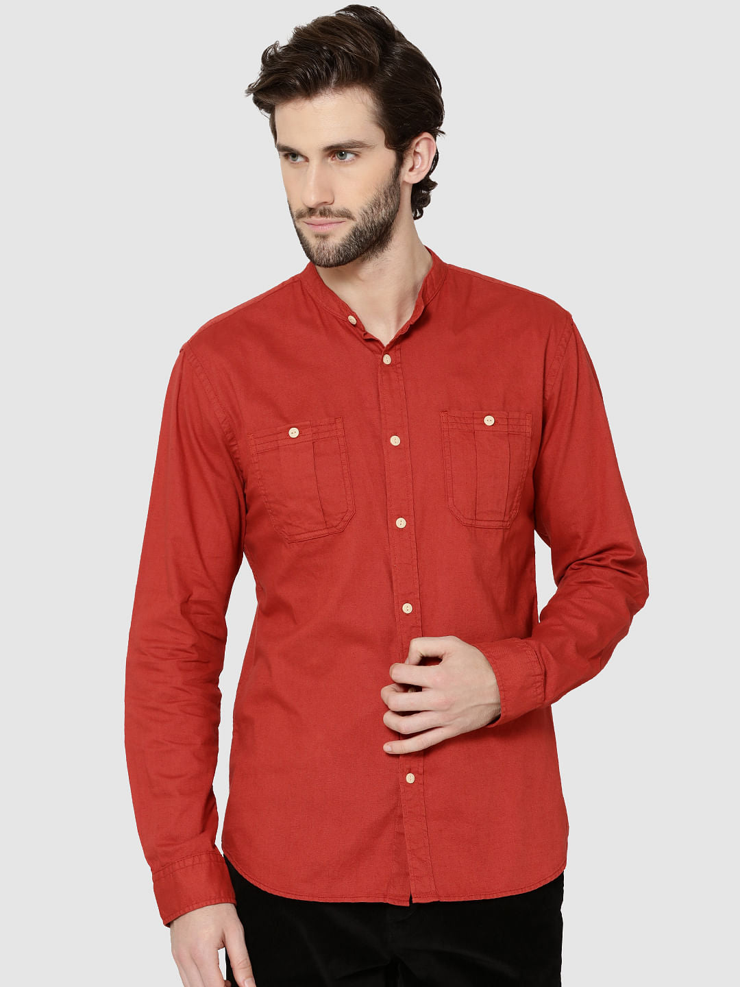 Red Mandarin Collar Full Sleeves Slim Fit Shirt