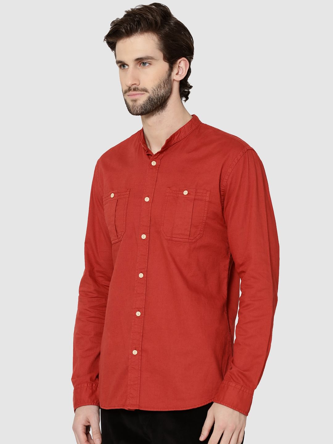 Red Mandarin Collar Full Sleeves Slim Fit Shirt - S