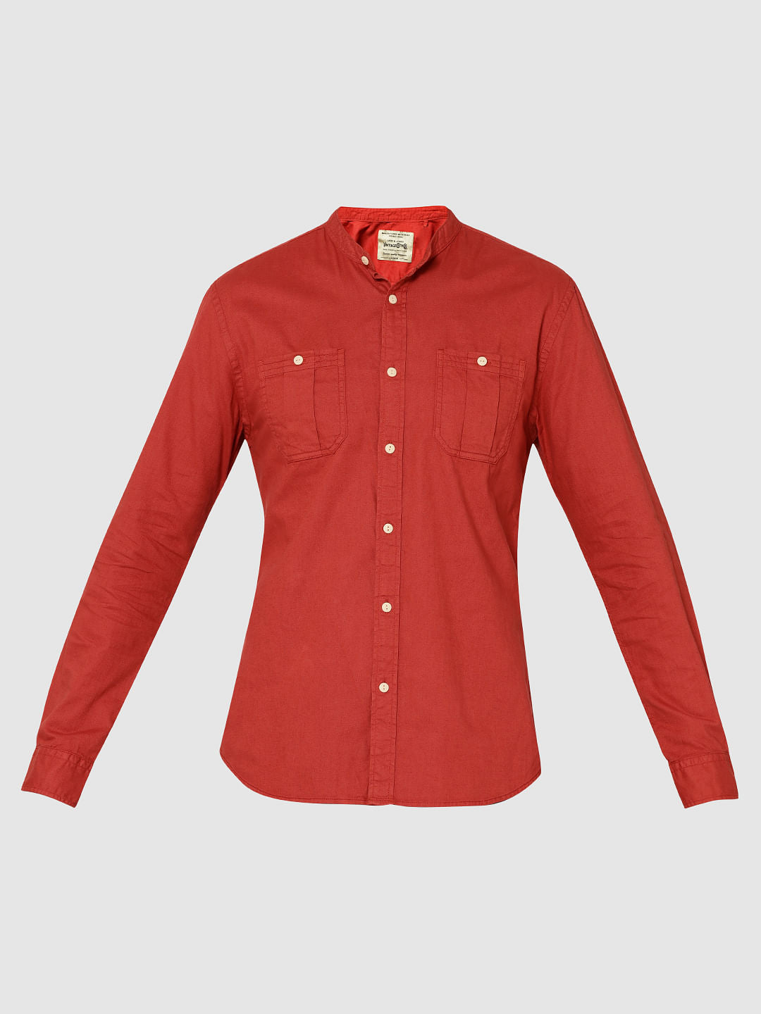 Red Mandarin Collar Full Sleeves Slim Fit Shirt