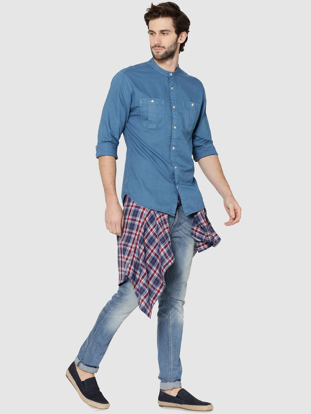 Blue Mandarin Collar Full Sleeves Slim Fit Shirt