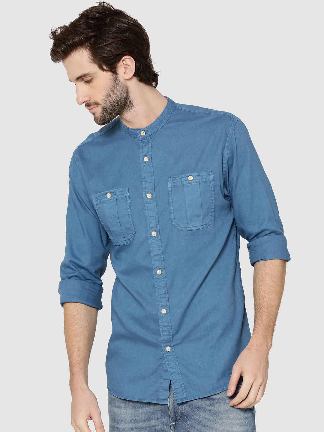 Blue Mandarin Collar Full Sleeves Slim Fit Shirt