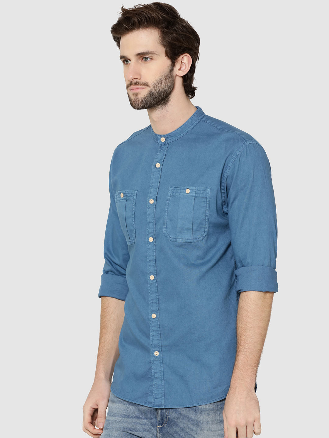 Blue Mandarin Collar Full Sleeves Slim Fit Shirt - S