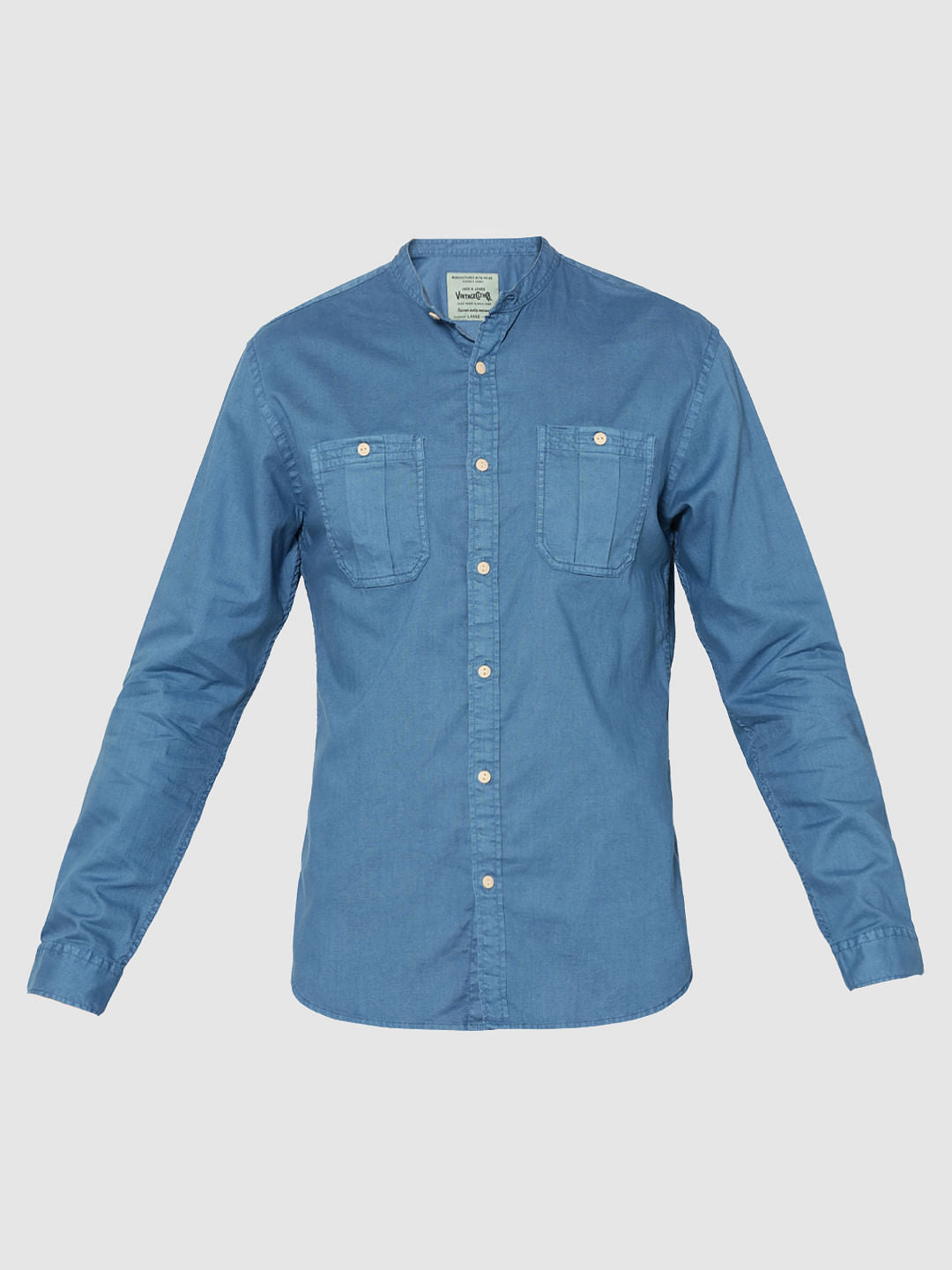 Blue Mandarin Collar Full Sleeves Slim Fit Shirt