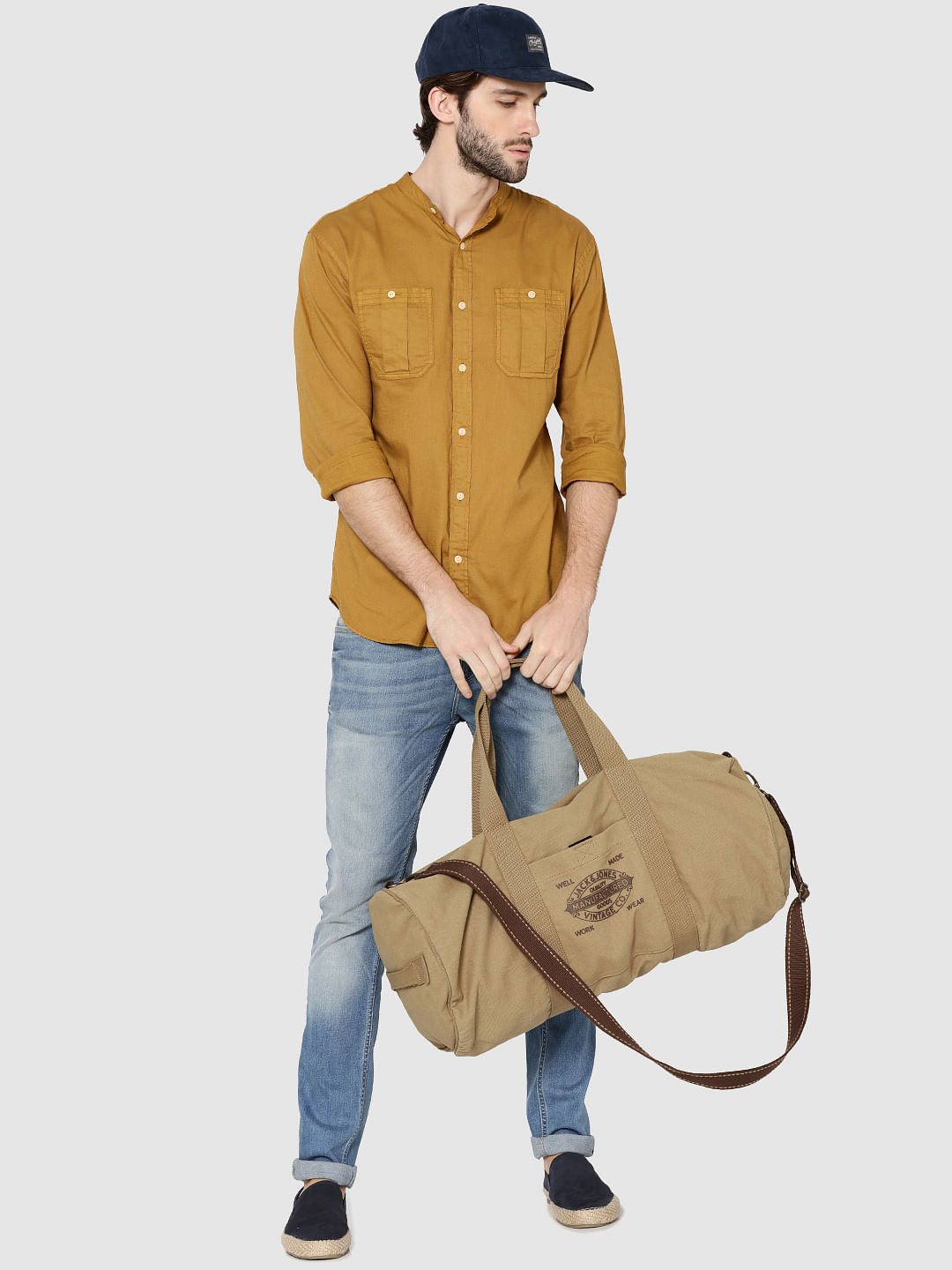 Mustard Mandarin Collar Full Sleeves Slim Fit Shirt