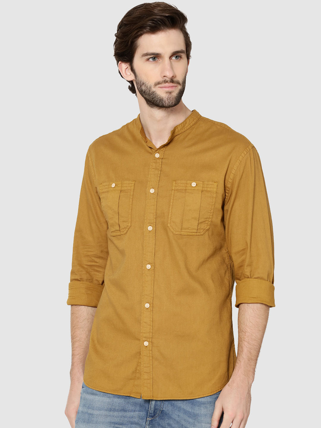 Mustard Mandarin Collar Full Sleeves Slim Fit Shirt - S