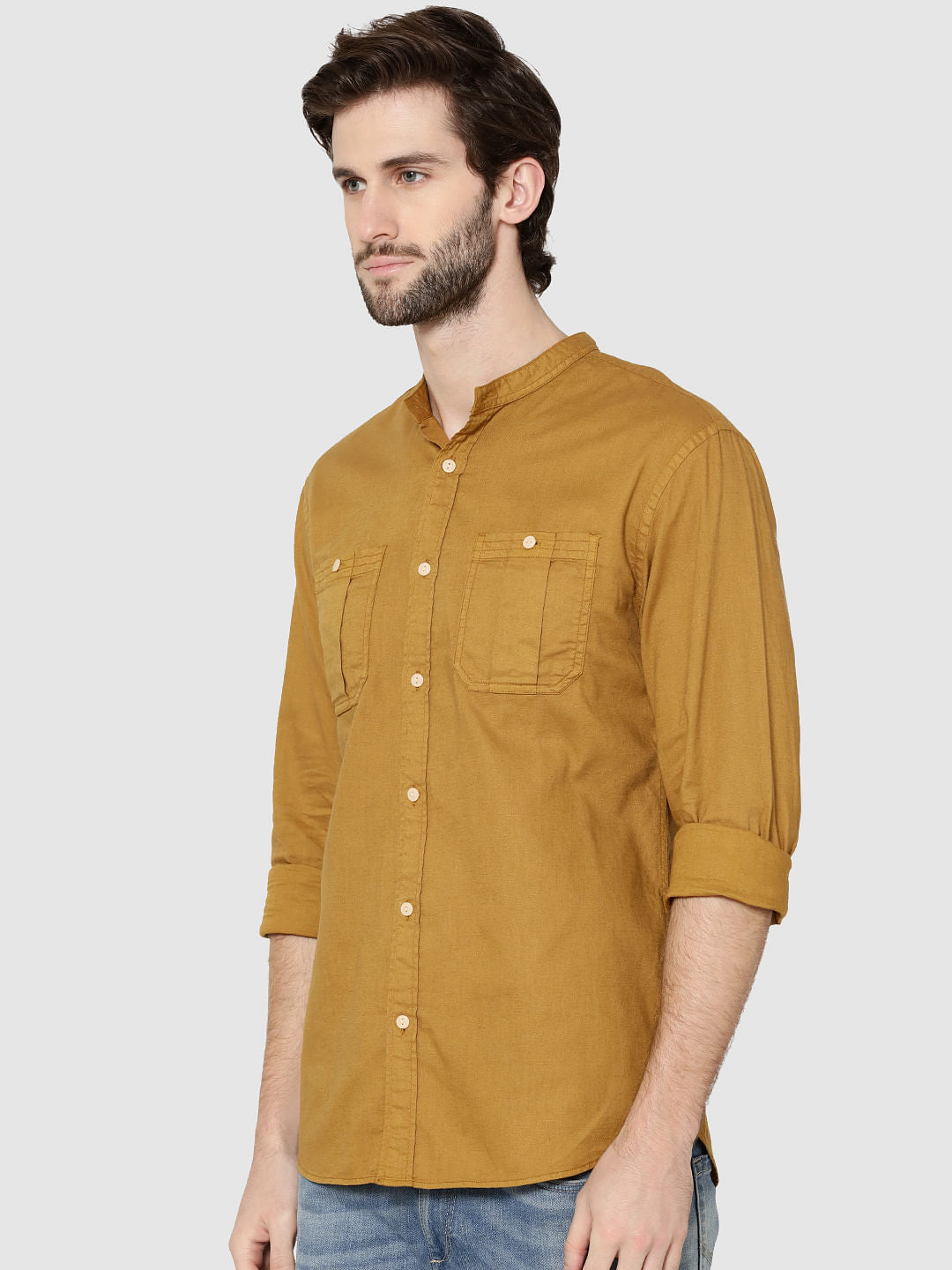 Mustard Mandarin Collar Full Sleeves Slim Fit Shirt