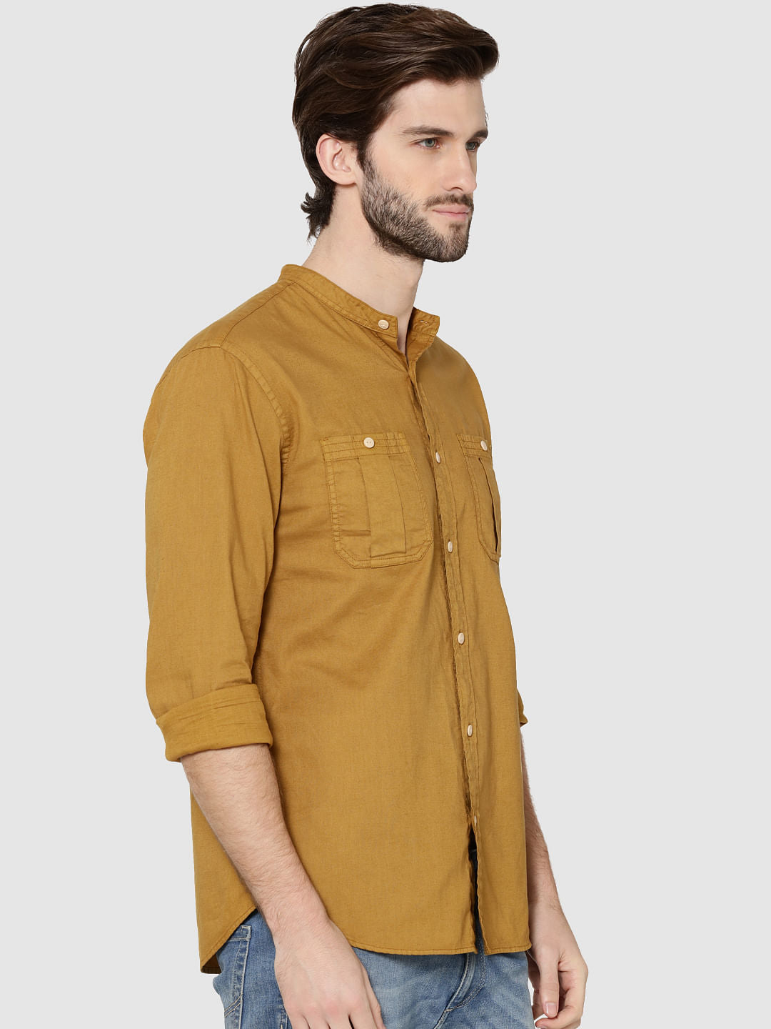 Mustard Mandarin Collar Full Sleeves Slim Fit Shirt