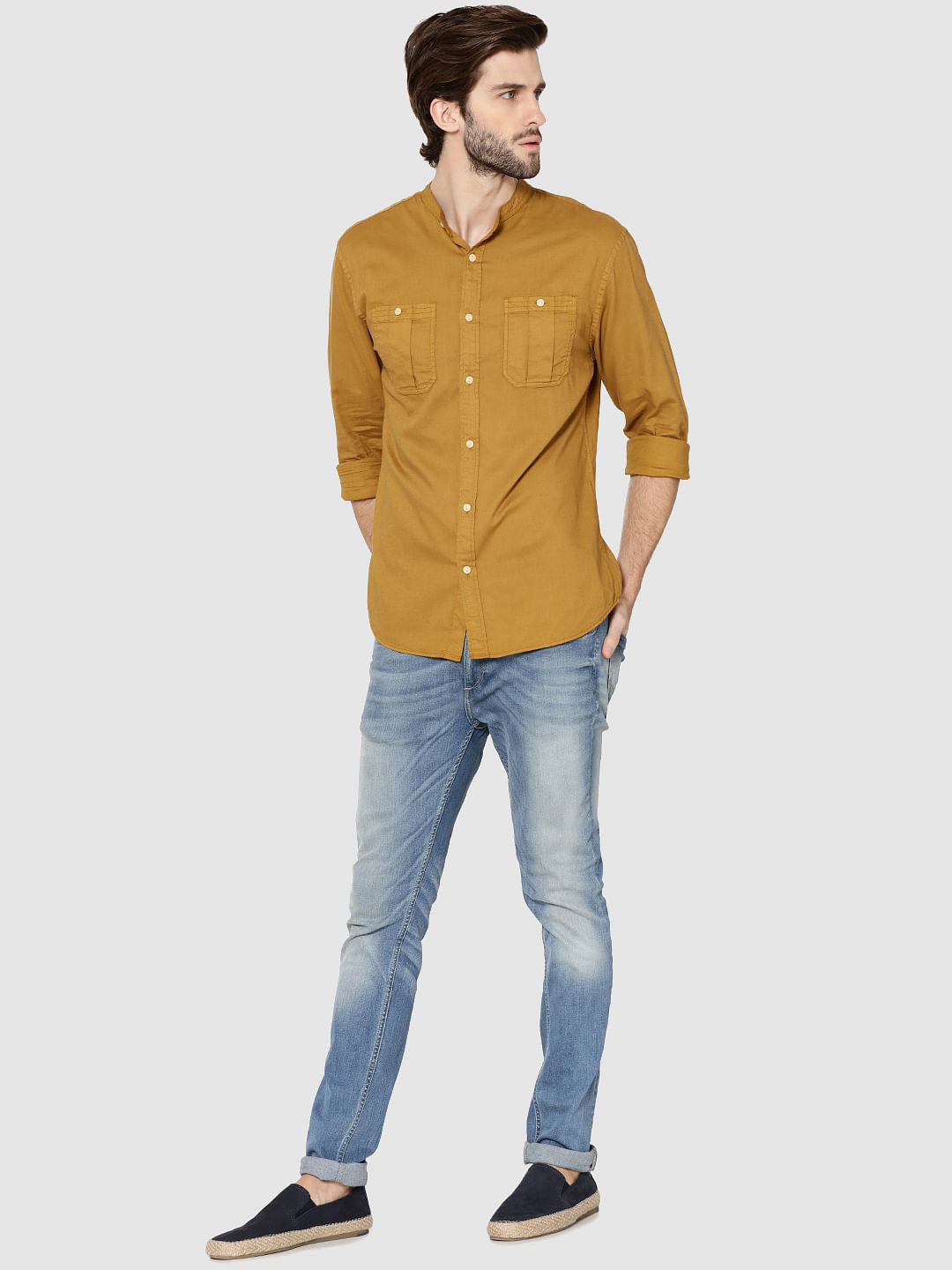 Mustard Mandarin Collar Full Sleeves Slim Fit Shirt