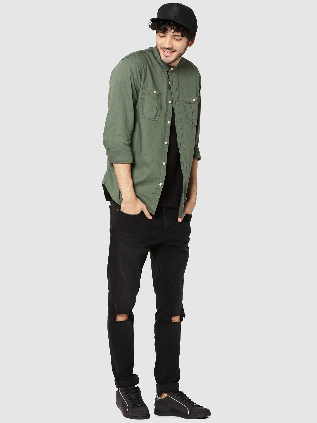 Green Mandarin Collar Full Sleeves Slim Fit Shirt