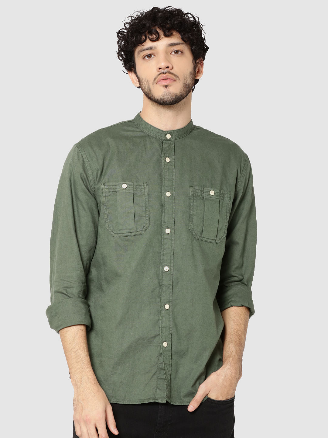 Green Mandarin Collar Full Sleeves Slim Fit Shirt - S