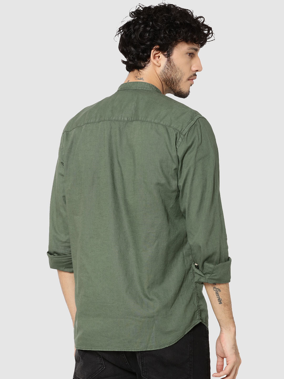Green Mandarin Collar Full Sleeves Slim Fit Shirt