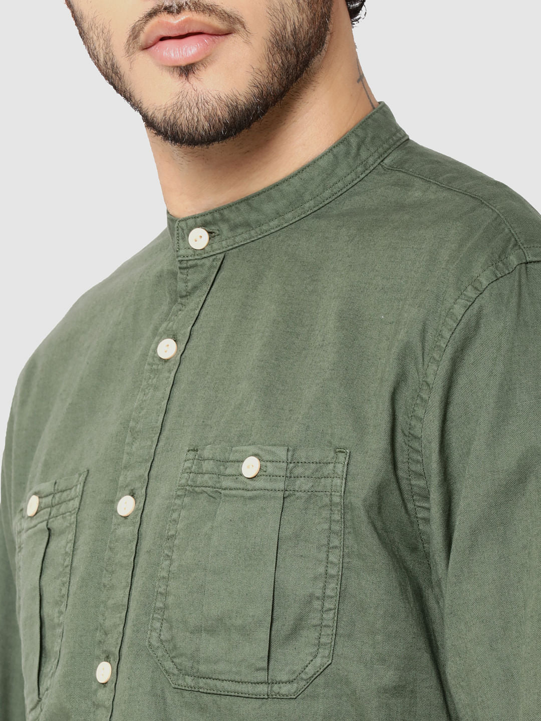 Green Mandarin Collar Full Sleeves Slim Fit Shirt