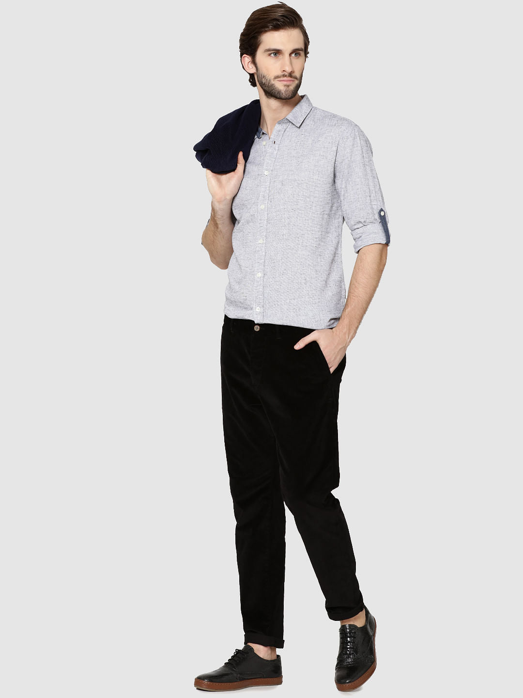 Grey Dobby Full Sleeves Slim Fit Shirt