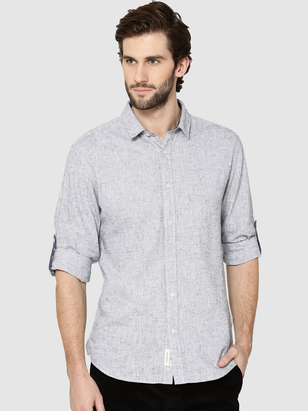 Grey Dobby Full Sleeves Slim Fit Shirt - S