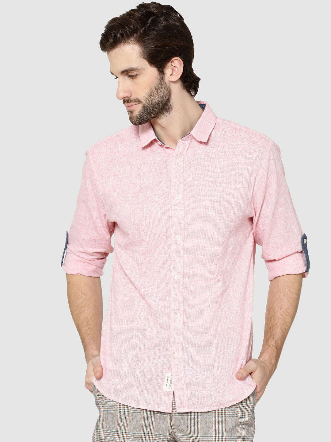 Red Dobby Full Sleeves Slim Fit Shirt - S