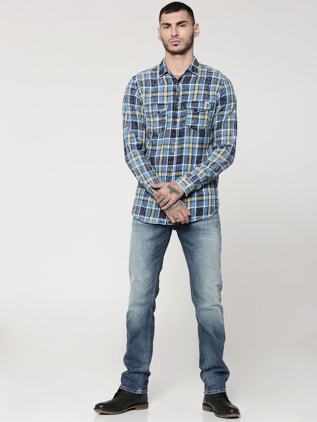 Blue & Yellow Full Sleeves Check Shirt