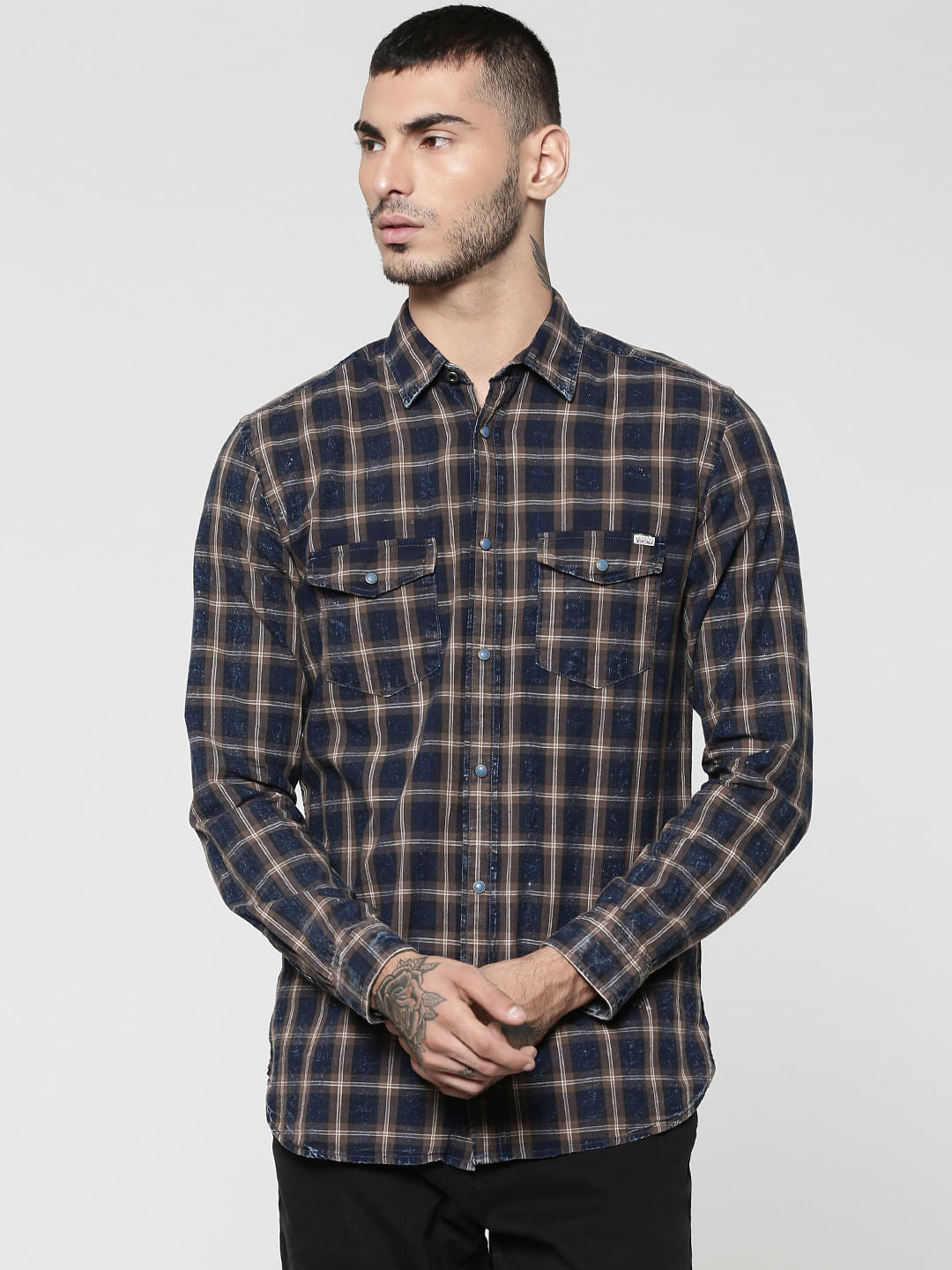 Dark Blue & Brown Full Sleeves Check Shirt - S