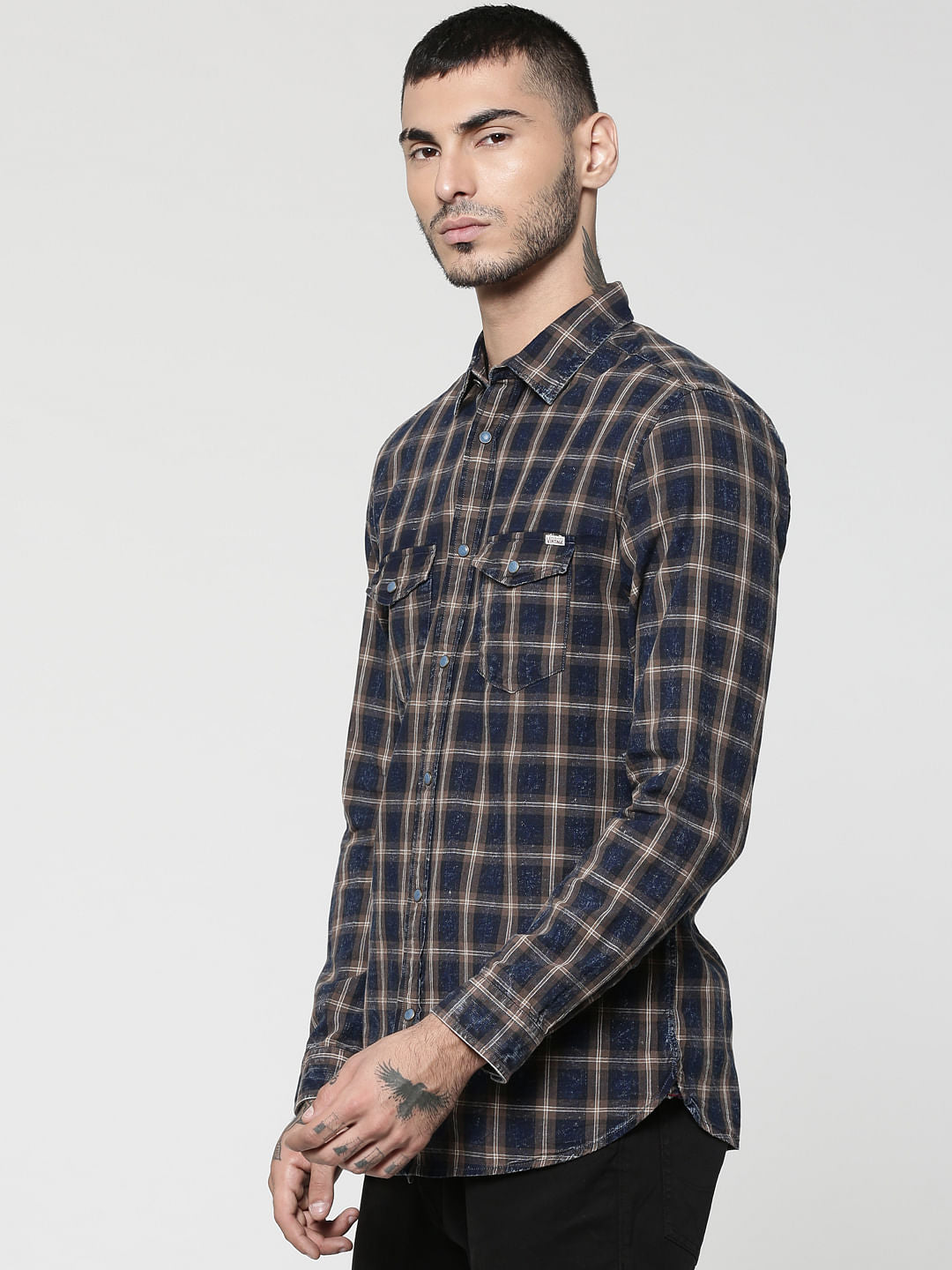 Dark Blue & Brown Full Sleeves Check Shirt