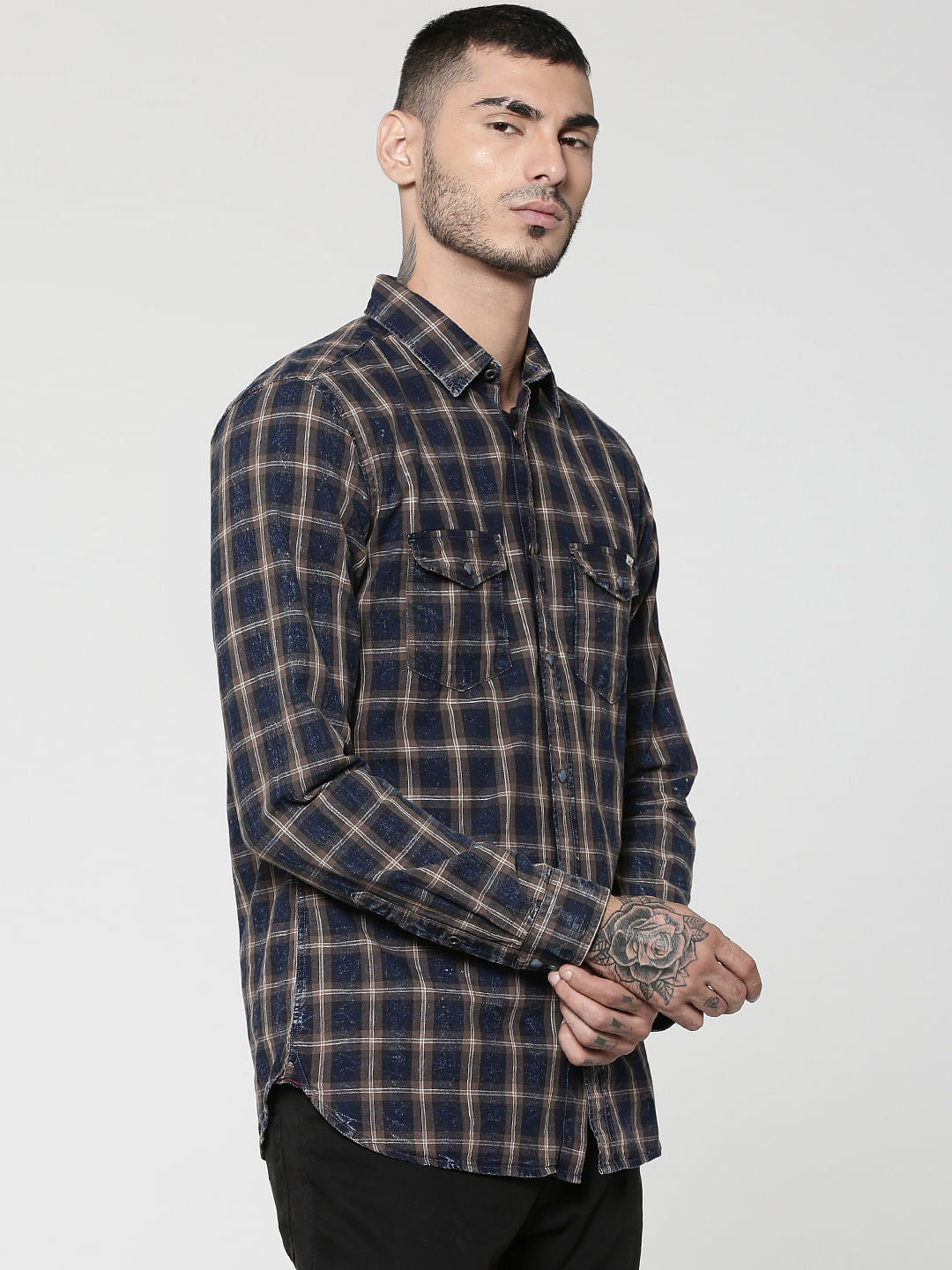Dark Blue & Brown Full Sleeves Check Shirt