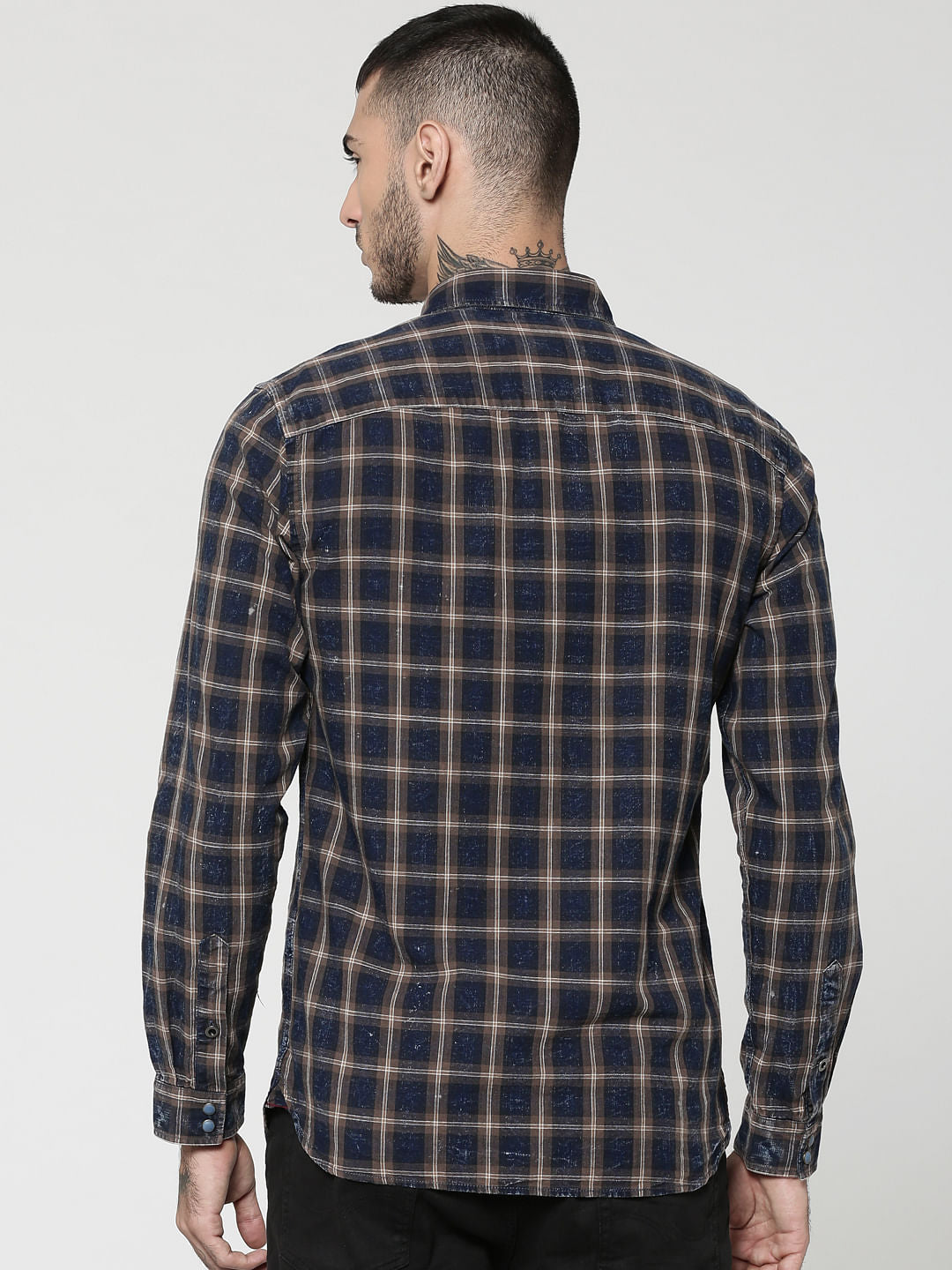 Dark Blue & Brown Full Sleeves Check Shirt