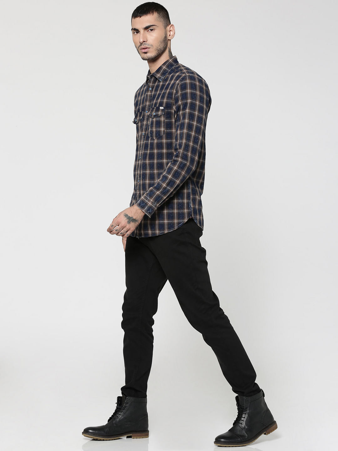 Dark Blue & Brown Full Sleeves Check Shirt