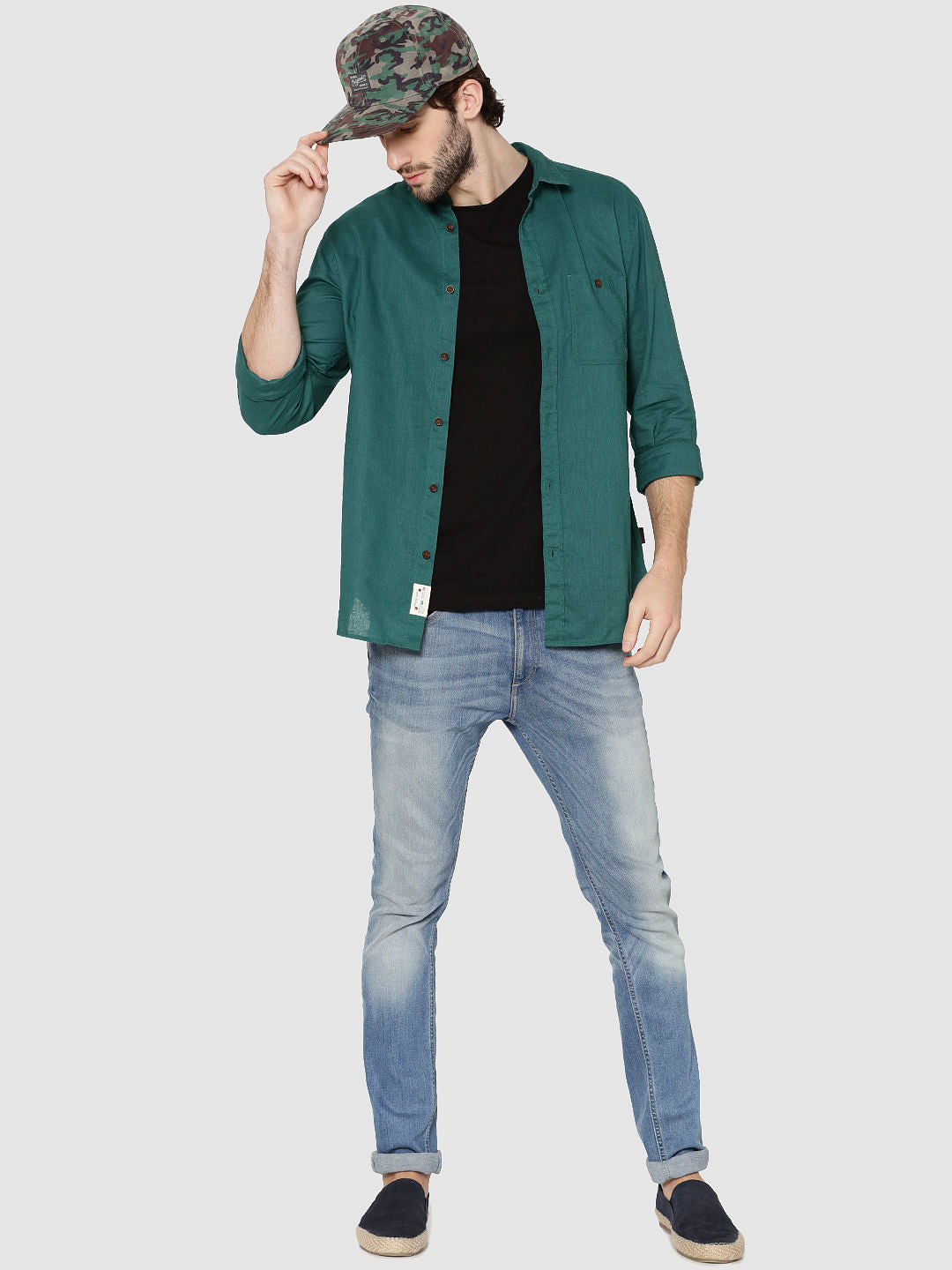 Green One Pocket Full Sleeves Slim Fit Shirt