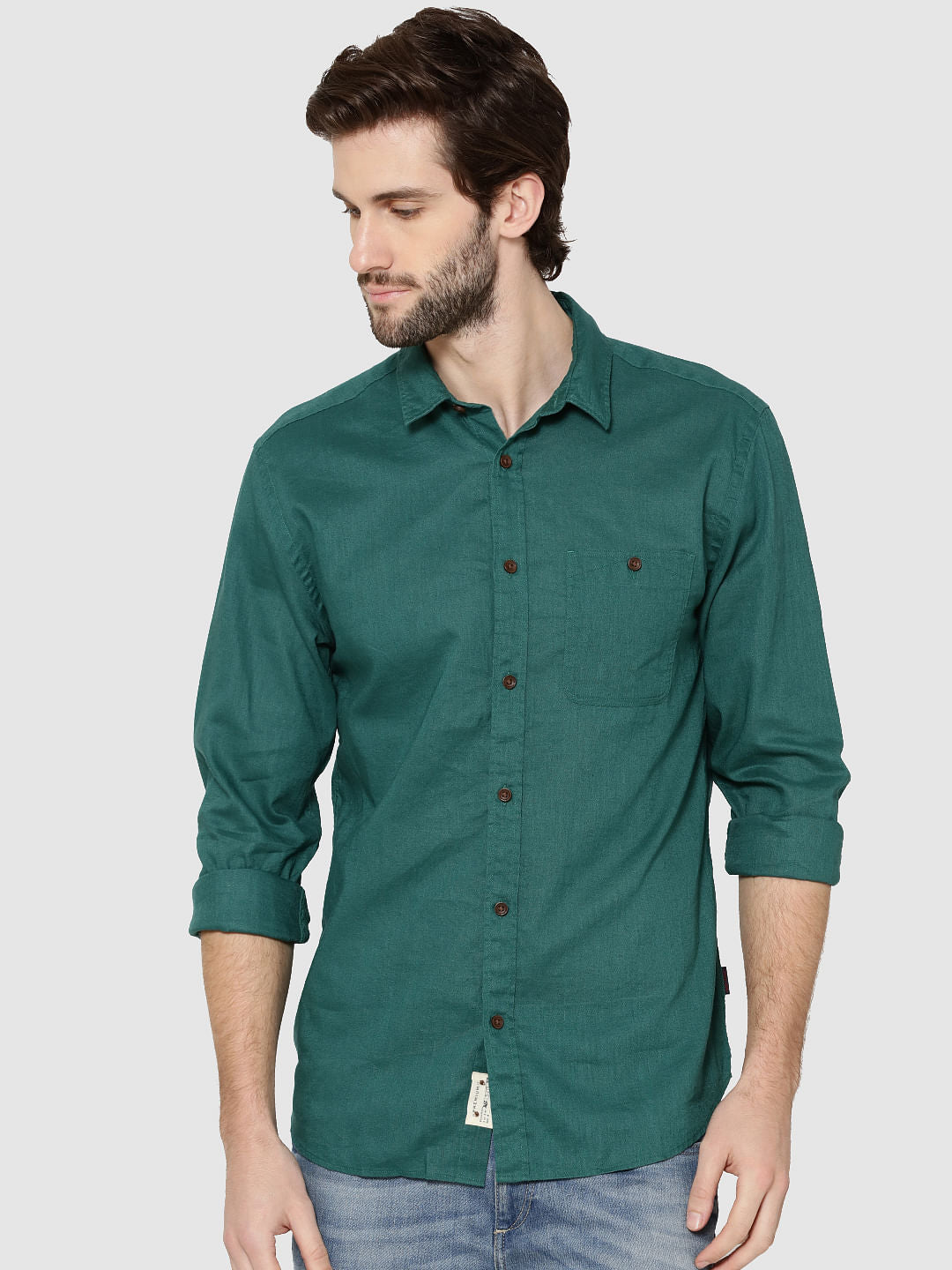 Green One Pocket Full Sleeves Slim Fit Shirt - S