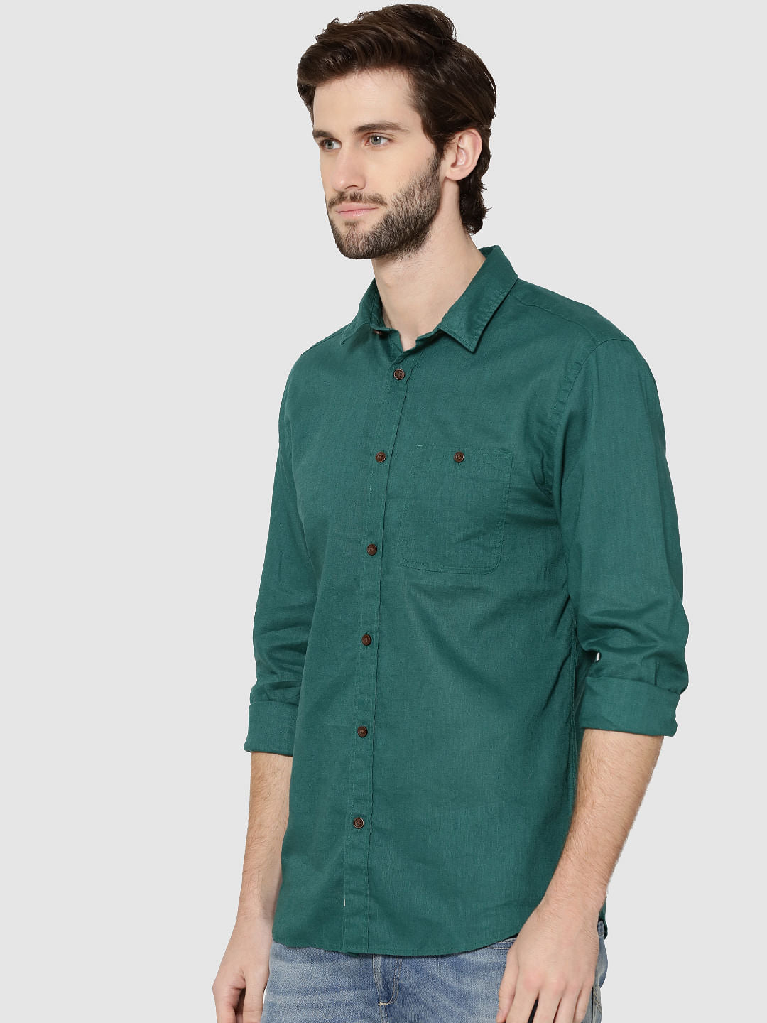 Green One Pocket Full Sleeves Slim Fit Shirt