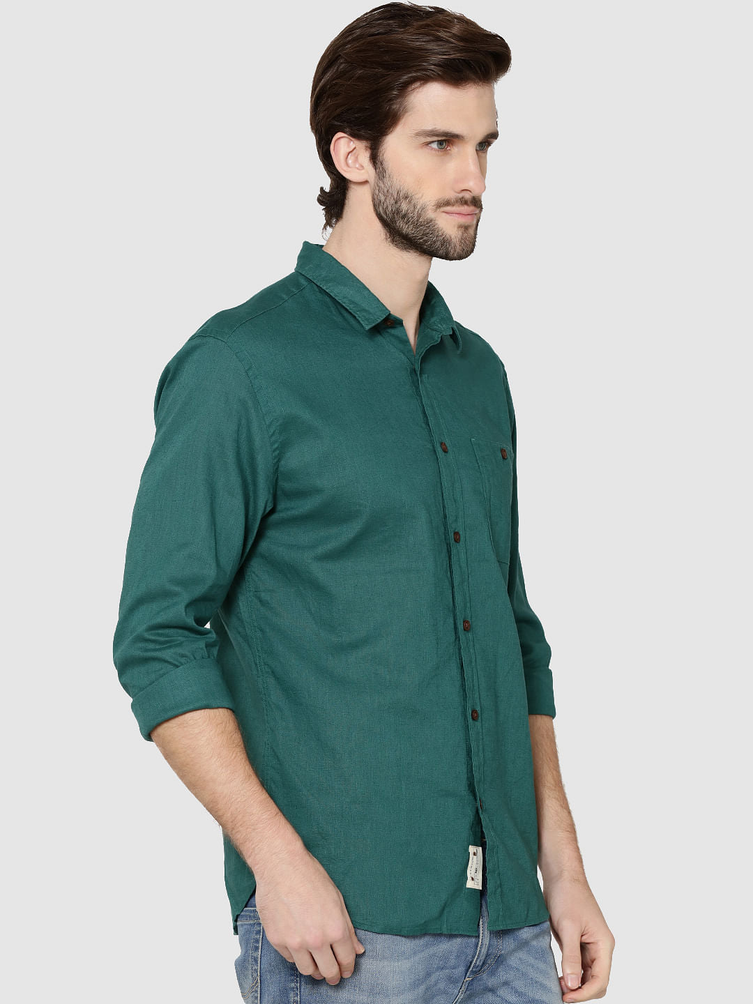 Green One Pocket Full Sleeves Slim Fit Shirt