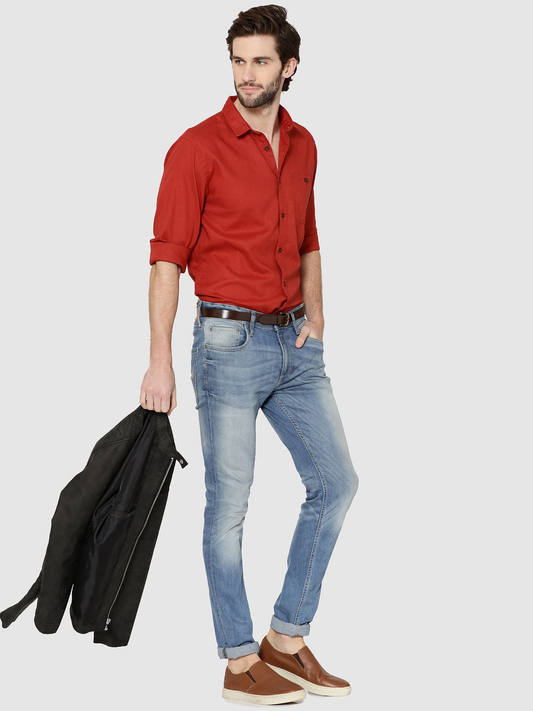 Red One Pocket Full Sleeves Slim Fit Shirt