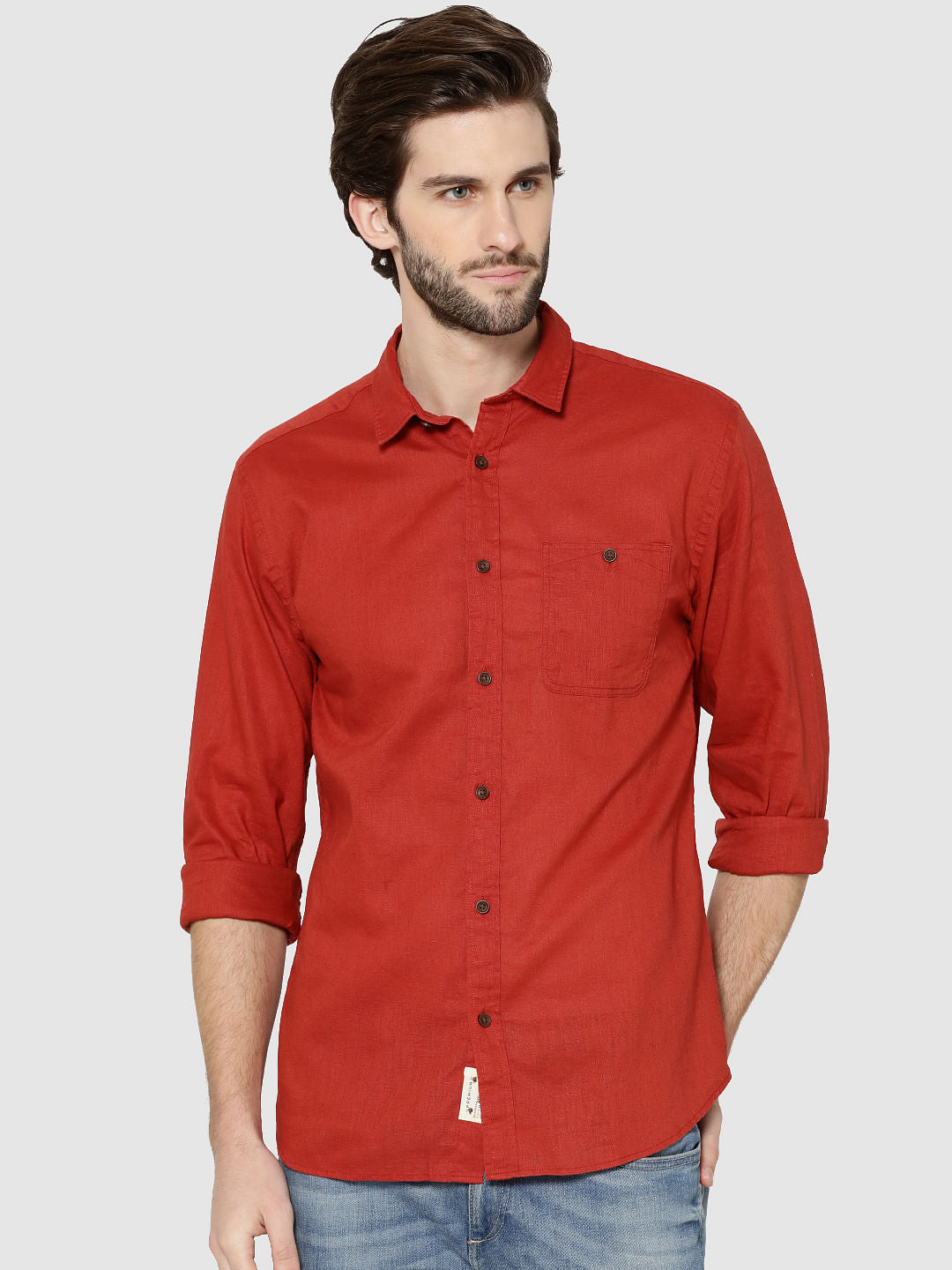 Red One Pocket Full Sleeves Slim Fit Shirt - S